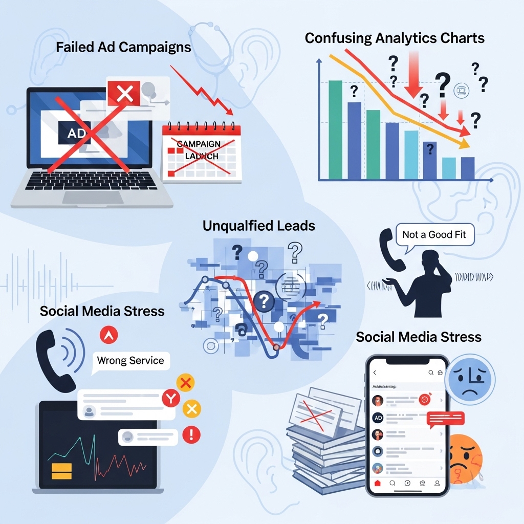 Visual collage showing audiology marketing frustrations such as poor ad performance, confusing analytics, and unqualified leads.